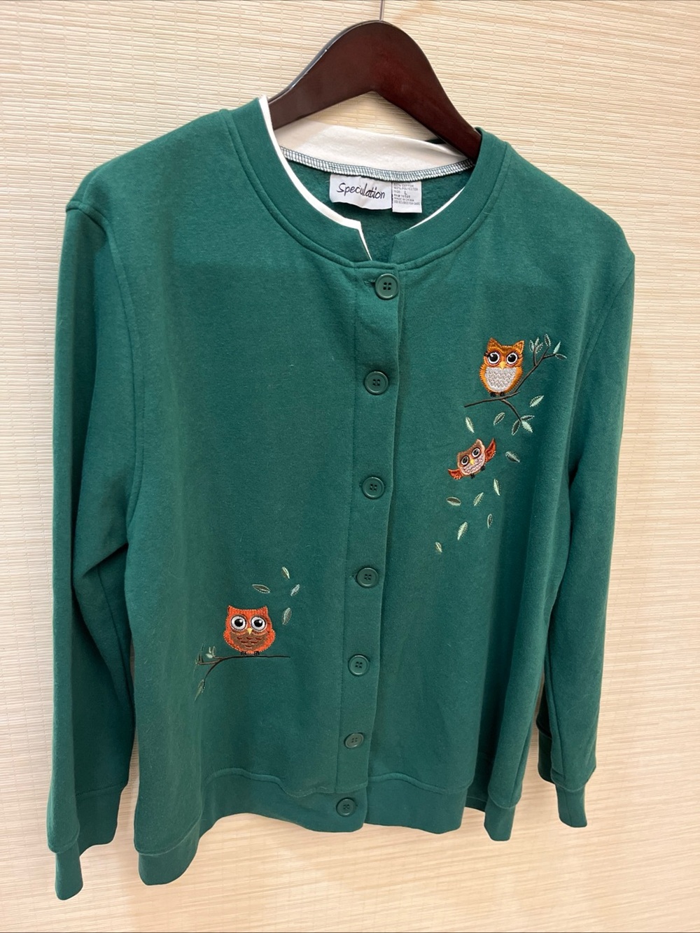 Forest Green Owl Embroidered Button Cardigan
